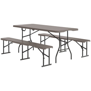 Ensemble table et bancs de camping pliants avec poignées de transport, marron