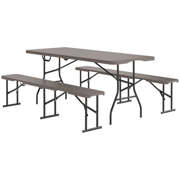 Ensemble table et bancs de camping pliants avec poignées de transport, marron