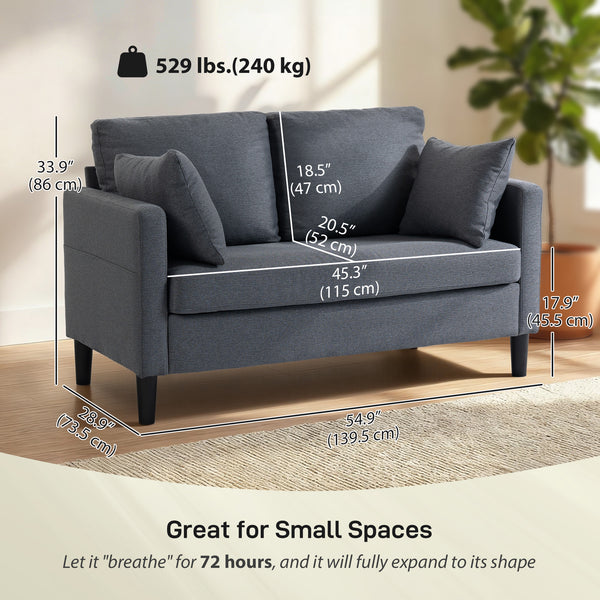 Canapé deux places, revêtement en lin moderne, coussins à ressorts, 2 oreillers, gris foncé