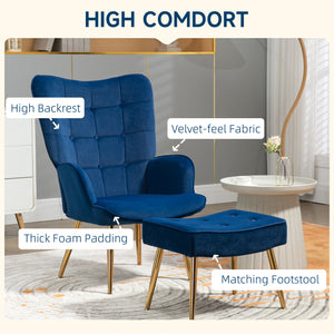 Fauteuil avec repose-pieds et pieds en métal doré, bleu foncé