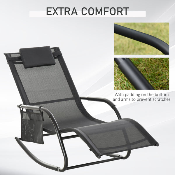 Patio Rocking Chair with Mesh Fabric, Outdoor Rocking Sling Sun Lounger with Removable Headrest and Side Pocket for Garden, Deck, Lawn, Black