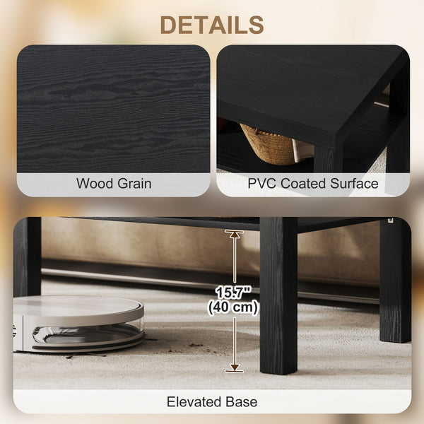 Rectangular 2-tier coffee table with storage shelf, black