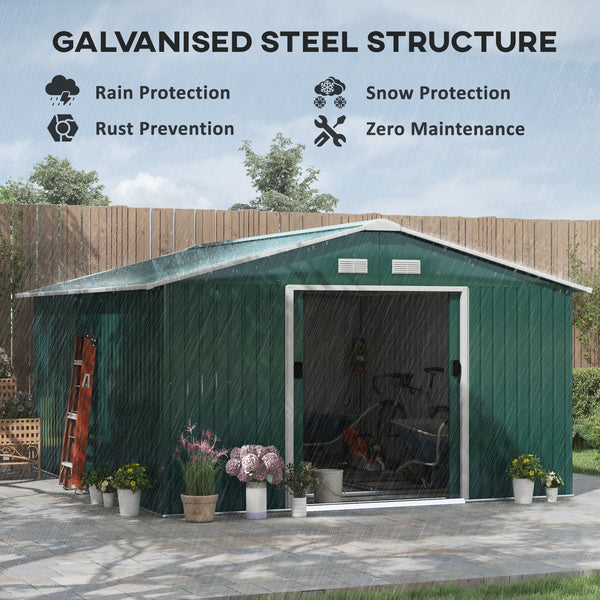 Abri de jardin pratique et doté de 4 ouvertures de ventilation avec double porte coulissante, vert