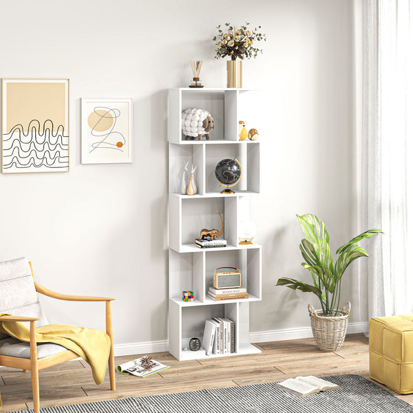 Bibliothèque géométrique à 5 niveaux en forme de S, blanche