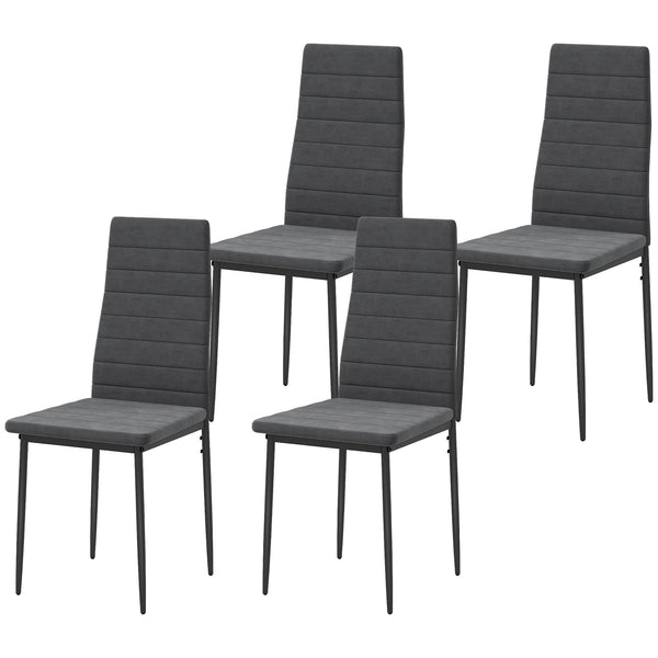 Set of 4 high-back padded chairs with metal legs, grey