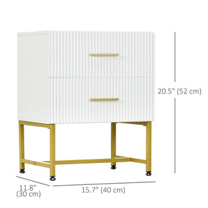 Lot de 2 tables de chevet modernes avec 2 tiroirs cannelés et pieds dorés, blanc