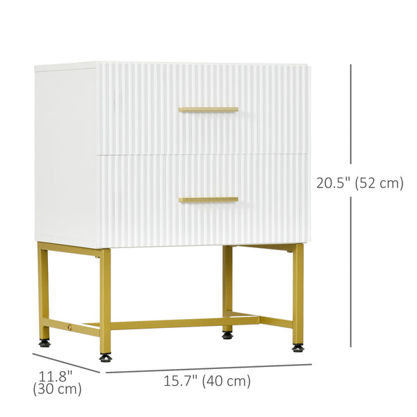 Lot de 2 tables de chevet modernes avec 2 tiroirs cannelés et pieds dorés, blanc