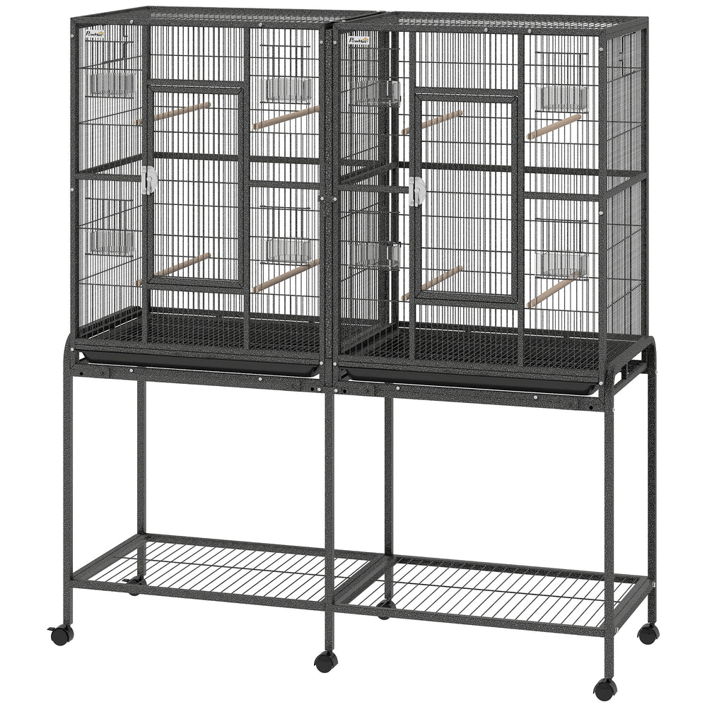 Large double bird cage with removable divider, stand with wheels and accessories – Black