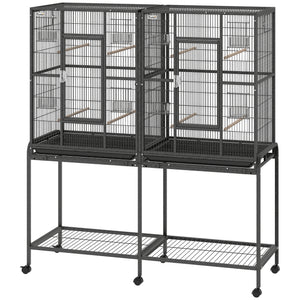 56"H Bird Cage, Parrot Cage with Detachable Rolling Stand, Removable Tray, Storage Shelf, Perches, Food Container
