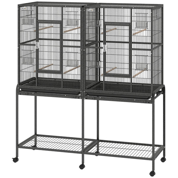56"H Bird Cage, Parrot Cage with Detachable Rolling Stand, Removable Tray, Storage Shelf, Perches, Food Container