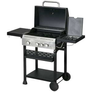 38,000 BTU propane gas barbecue with 3 main burners and 1 side burner, black