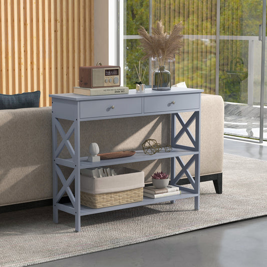Console d'entrée moderne avec 2 tiroirs et 2 étagères, table de canapé pour salon, couloir, gris