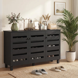Shoe Cabinet with 3 Slatted Doors, 3-Tier Shelving Rack Cabinet with Adjustable Shelves for 15 Pairs of Shoes, Black