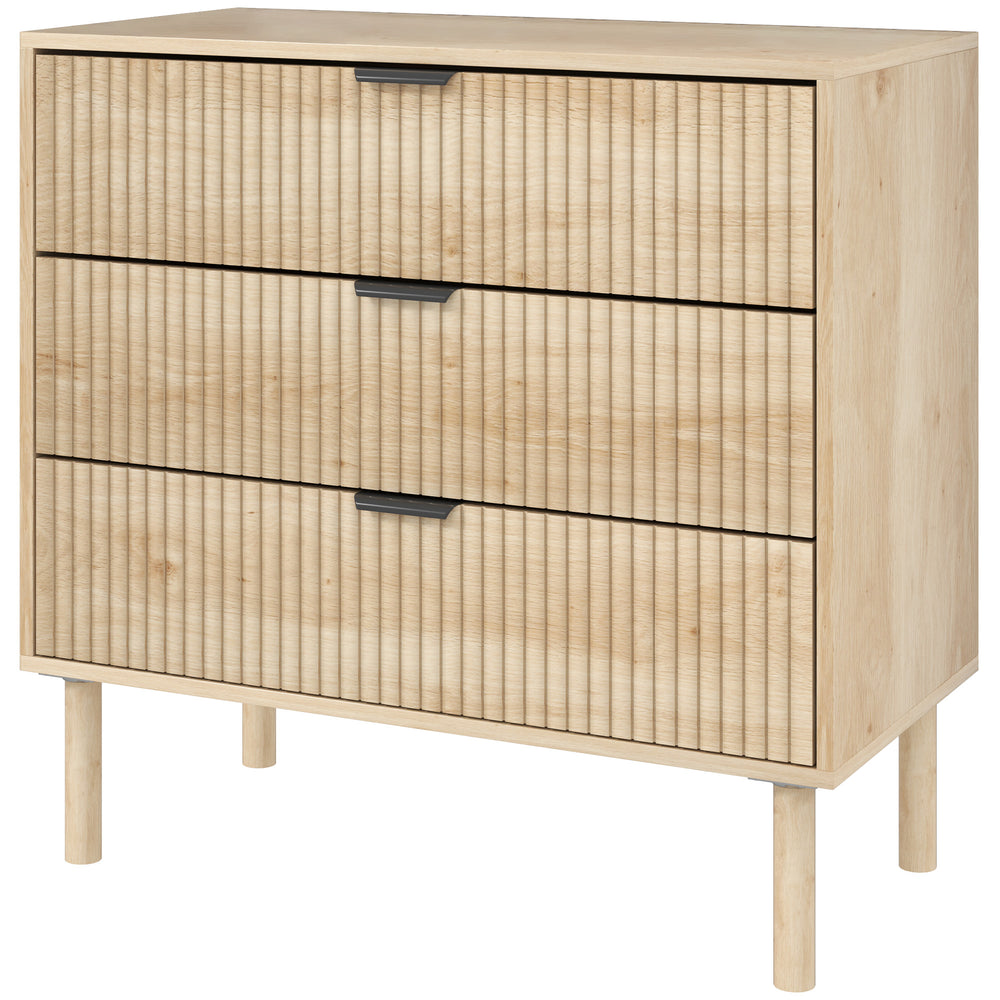 Commode de chambre 3 tiroirs avec panneaux cannelés et pieds en bois massif, chêne