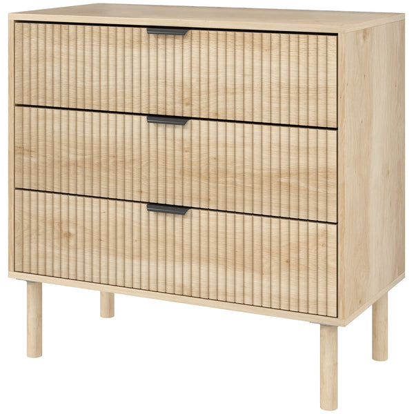 Commode de chambre 3 tiroirs avec panneaux cannelés et pieds en bois massif, chêne