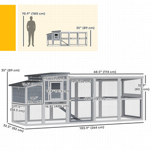 Large wooden chicken coop with covered run, nesting box, removable tray, and asphalt roof