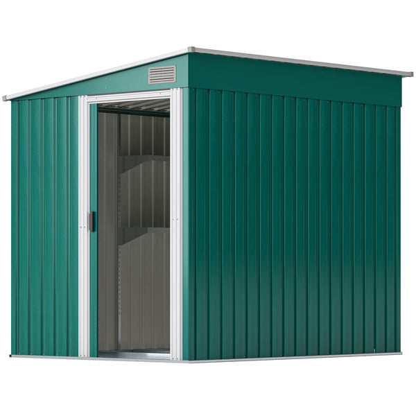 Lean-to garden shed in galvanized metal with foundation, sliding door and 2 vents, green