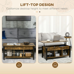 Table basse relevable avec compartiment de rangement dissimulé, 3 étagères inférieures, marron rustique