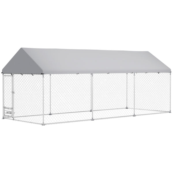 Outdoor Dog Run with Adjustable & Rotatable Bowls, Waterproof UV-Resistant Cover, Escape-Proof Lock, 19.7' x 7.5' x 7.5'