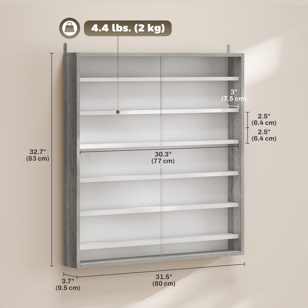 Vitrine à 7 niveaux en verre avec 2 portes vitrées et 6 étagères réglables, grise
