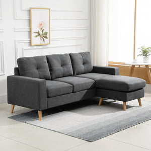 Sectional Sofa with Reversible Chaise Lounge, Wooden Legs for Living Room, Bedroom, Dark Gray
