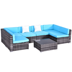 7-piece rattan furniture set with cushions and coffee table, blue
