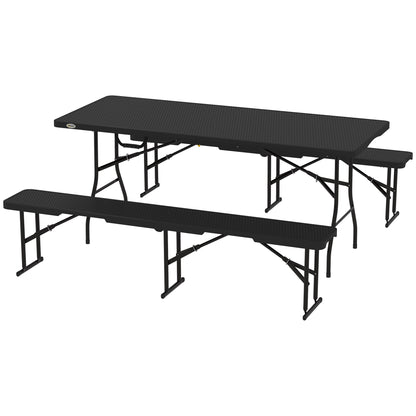 Outsunny 6FT 3PCS Faux Rattan Outdoor Camping Table Bench Set with Carrying Handles, Folding Picnic Table with 2 Benches, Black |