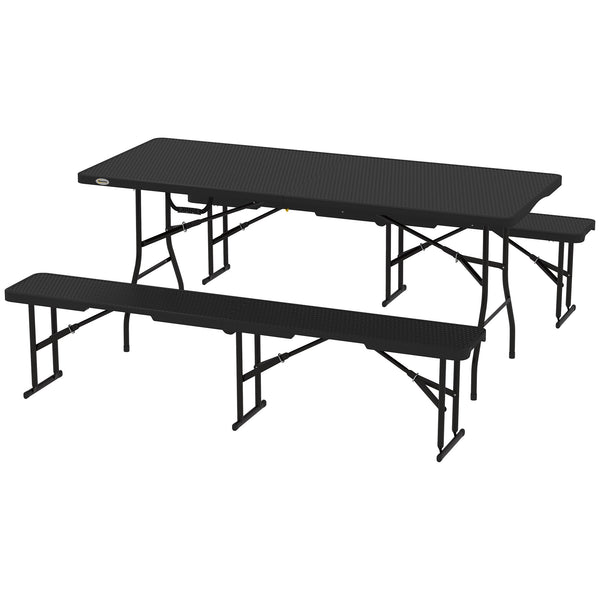 6FT 3PCS Faux Rattan Outdoor Camping Table Bench Set with Carrying Handles, Folding Picnic Table with 2 Benches, Black