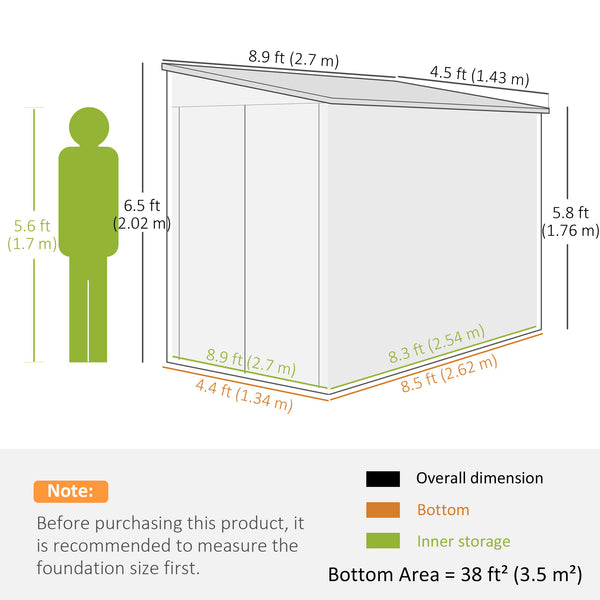Abri de jardin adossé en acier avec kit de fondation, portes verrouillables, gris