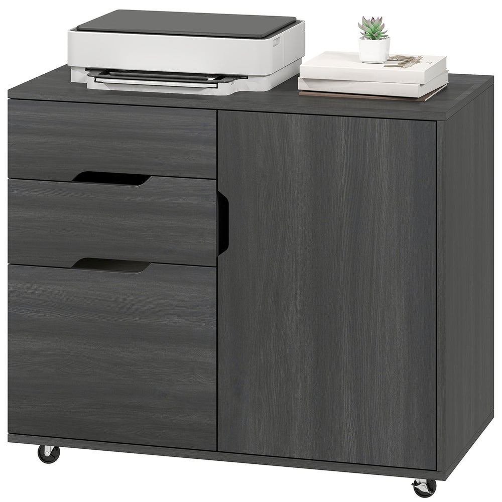 Classeur mobile effet bois noir avec tiroir pour dossiers et rangement ajustable, gris foncé