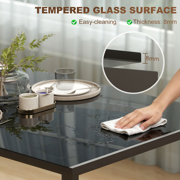 Rectangular kitchen table for 4 people with black tempered glass top