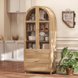 Garde-manger haut effet chêne avec portes arquées, tiroirs et tablettes ajustables