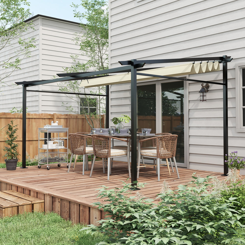 Pergola métallique 10 x 13 avec toit coulissant et rétractable, beige