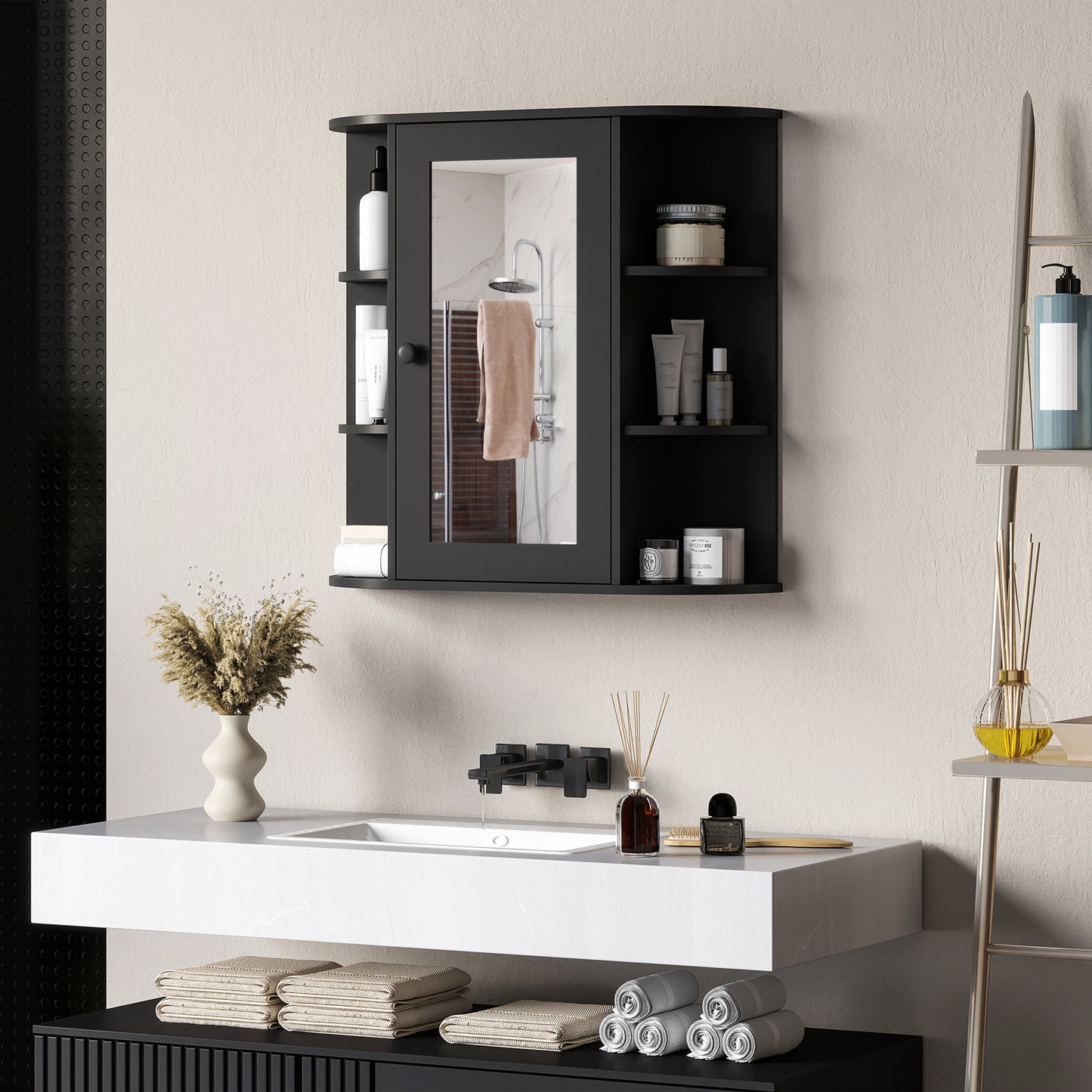 Armoire de salle de bain murale avec miroir, porte et étagères, noire