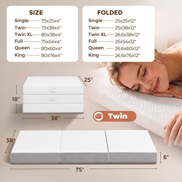 Matelas simple Twin pliable 3 sections de 6 po avec mousse mémoire au gel rafraîchissant – Blanc et gris