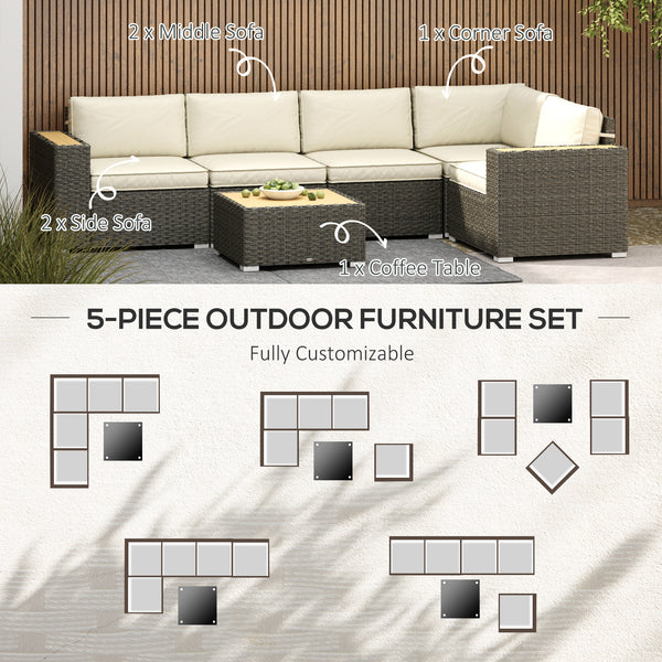 Ensemble de meubles de jardin en rotin 6 pièces avec canapé d'angle, table basse en bois et plastique, kaki clair
