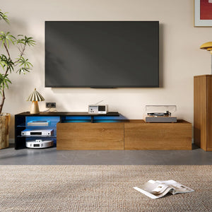 Meuble TV moderne avec étagères en verre et éclairage LED, noir et naturel