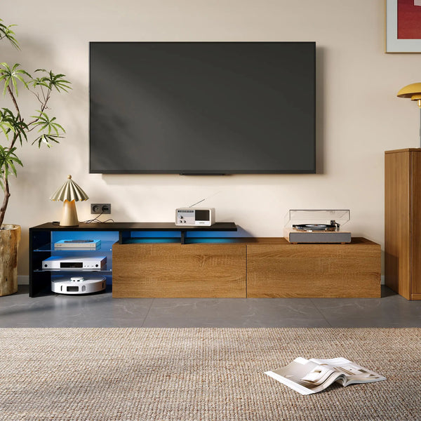 Meuble TV moderne avec étagères en verre et éclairage LED, noir et naturel