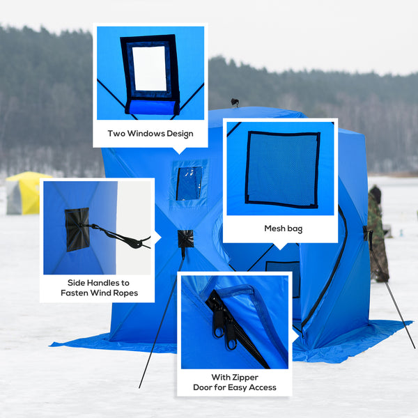 Ice fishing shelter for 2 people, foldable and collapsible, with carry bag, blue