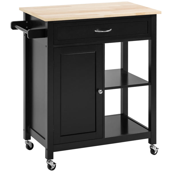 Rolling kitchen trolley with wooden top and drawer, black