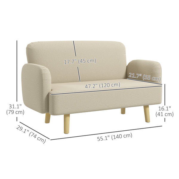 Canapé 2 places en tissu velours avec rembourrage et pieds en bois, blanc crème