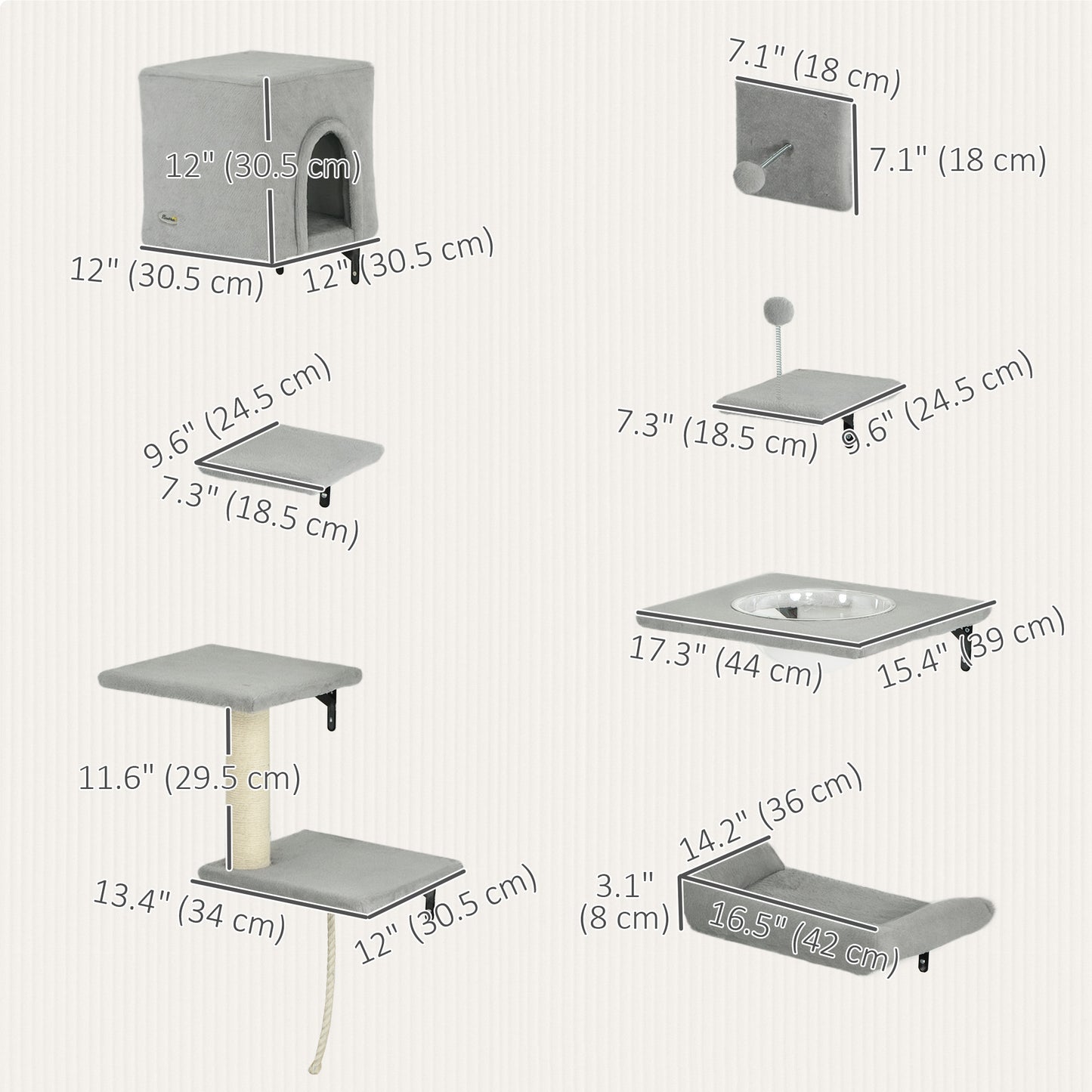 Set of 7 Wall Shelves and Perches with House, Sisal Ladder, Bed and Ball, Grey