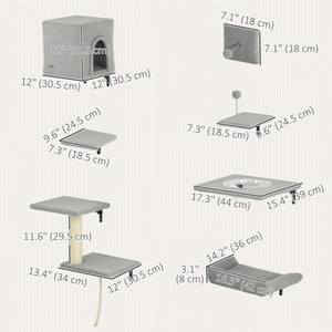 Set of 7 Wall Shelves and Perches with House, Sisal Ladder, Bed and Ball, Grey