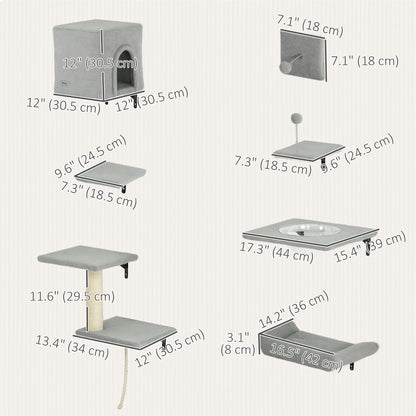 Set of 7 Wall Shelves and Perches with House, Sisal Ladder, Bed and Ball, Grey