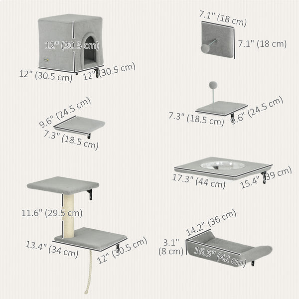 Set of 7 Wall Shelves and Perches with House, Sisal Ladder, Bed and Ball, Grey