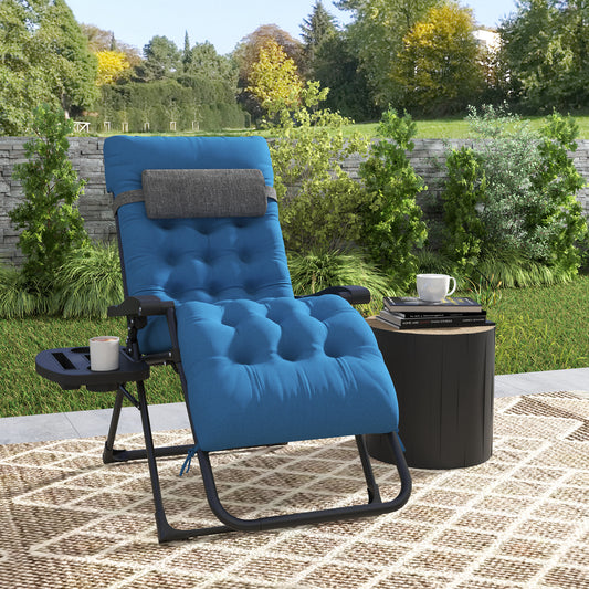 Outsunny Padded Folding Recliner Chair, Patio Lounge Chair with Cup Holder, Adjustable Backrest, Removable Cushion, Navy Blue