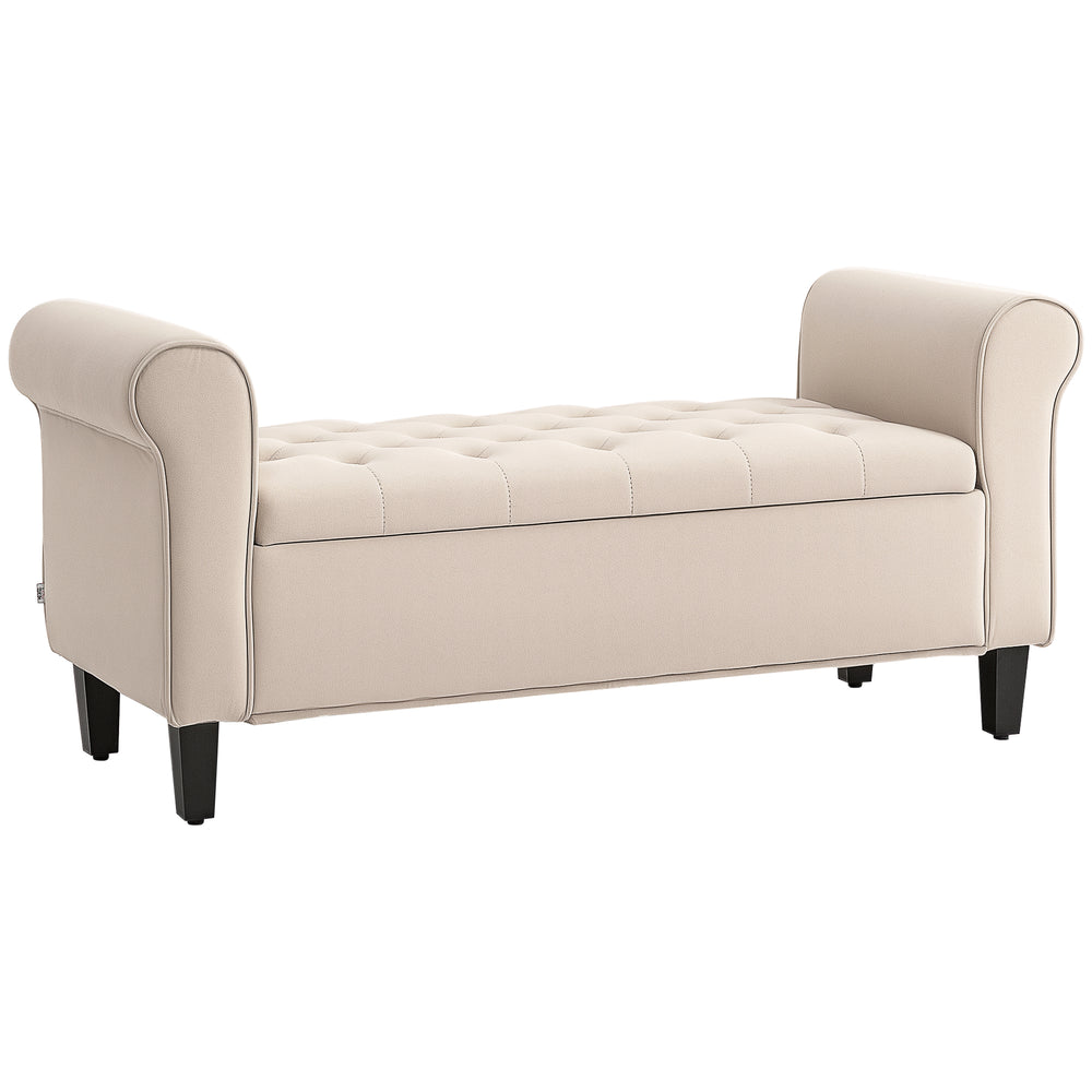 Banc ottoman avec rangement, assise capitonnée et accoudoirs roulés – Beige