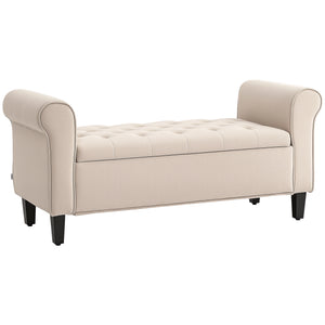 50 Inches Storage Ottoman, Upholstered Bedroom Bench with Rolled Arms and Button Tufted Storage, Beige