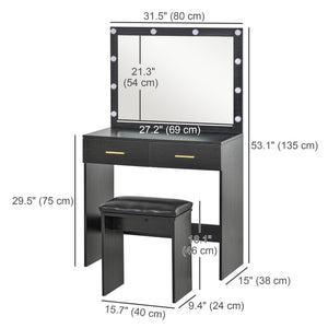 Coiffeuse avec tabouret, miroir à éclairage LED et tiroirs, noir