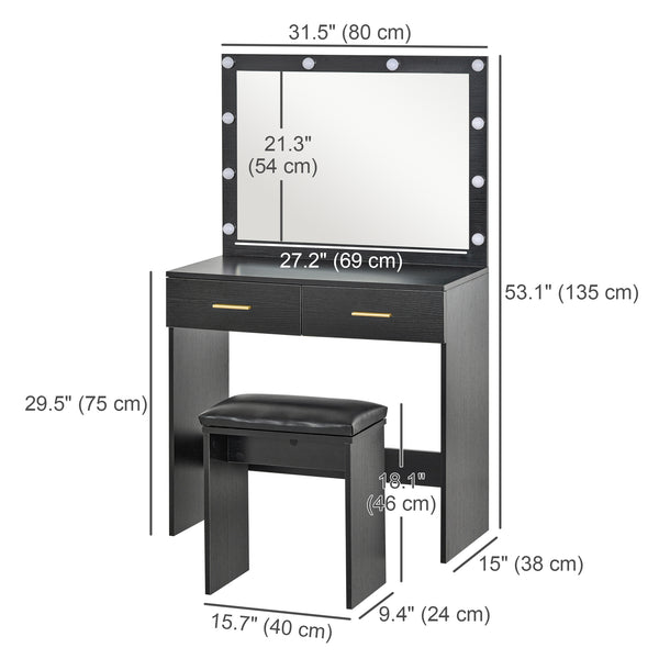 Coiffeuse avec tabouret, miroir à éclairage LED et tiroirs, noir
